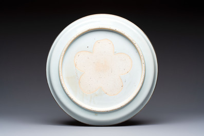 A rare Chinese silver-mounted blue and white 'Eight Horses of Mu Wang' dish, Kangxi