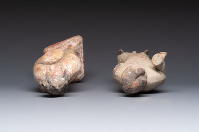 Two Chinese polychrome pottery figures and a female head, Tang