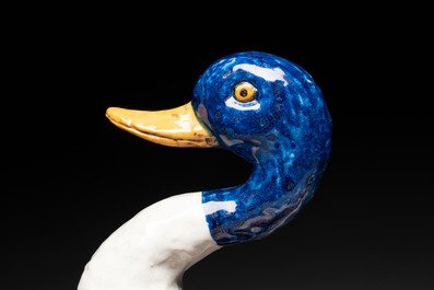 A polychrome Brussels faience duck-shaped tureen and cover, 2nd half 18th C.