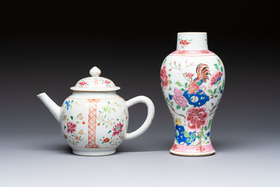 A Chinese famille rose 'Rooster' vase and a covered teapot with floral design, Qianlong