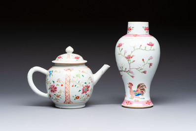 A Chinese famille rose 'Rooster' vase and a covered teapot with floral design, Qianlong