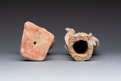 Two Chinese polychrome pottery figures and a female head, Tang