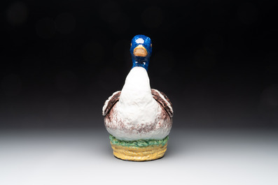 A polychrome Brussels faience duck-shaped tureen and cover, 2nd half 18th C.