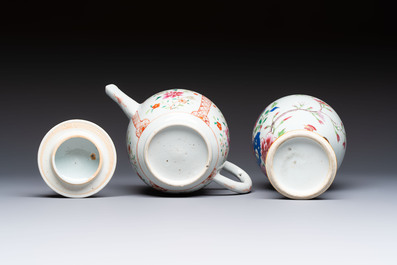A Chinese famille rose 'Rooster' vase and a covered teapot with floral design, Qianlong