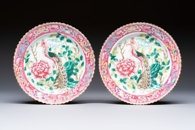 Three Chinese famille rose 'Phoenix and Peony' plates for the Straits or Peranakan market, Jingzhen Cao Shuntai Zao 景鎮曹順泰造 mark, 19th C.