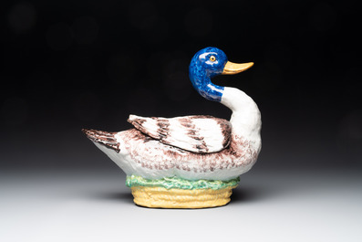 A polychrome Brussels faience duck-shaped tureen and cover, 2nd half 18th C.