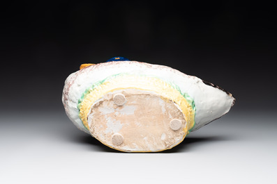 A polychrome Brussels faience duck-shaped tureen and cover, 2nd half 18th C.