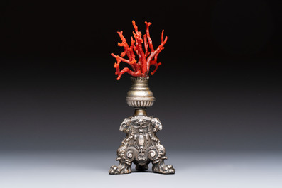 A &lsquo;Wunderkammer&rsquo; composition with red coral mounted on a silver-plated stand, Italy, 19th C.