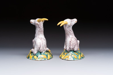 A pair of large polychrome Dutch Delft models of goats, 18th C.
