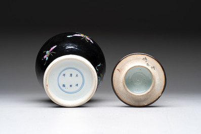 Two Chinese famille rose Milefo Buddhas and a famille rose black-ground covered vase, Zhu Mao Ji 朱茂記造 and Kangxi marks, 19/20th C.