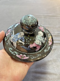 Two Chinese famille rose Milefo Buddhas and a famille rose black-ground covered vase, Zhu Mao Ji 朱茂記造 and Kangxi marks, 19/20th C.