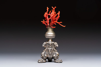 A &lsquo;Wunderkammer&rsquo; composition with red coral mounted on a silver-plated stand, Italy, 19th C.