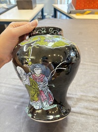 Two Chinese famille rose Milefo Buddhas and a famille rose black-ground covered vase, Zhu Mao Ji 朱茂記造 and Kangxi marks, 19/20th C.