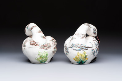 A pair of polychrome Italian faience goose-form tureens and covers, Bassano del Grappa, 19th C.