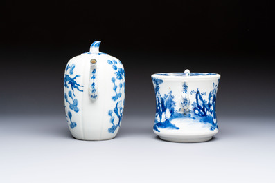 Two Chinese blue and white teapots and covers depicting goldfish and 'Wu Lao Guan Taiji 五老觀太極', Daoguang mark, 19th C.