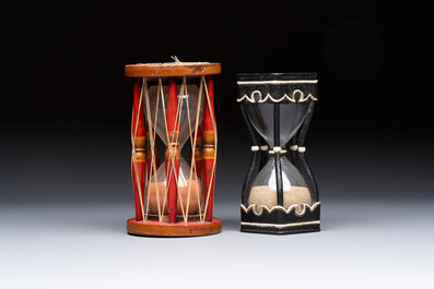 A wrought iron and a wooden hour glass, Germany and Italy, 19/20th C.