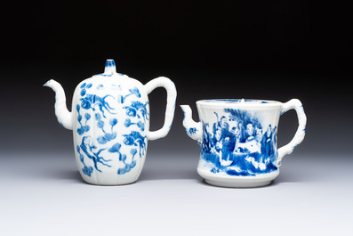 Two Chinese blue and white teapots and covers depicting goldfish and 'Wu Lao Guan Taiji 五老觀太極', Daoguang mark, 19th C.