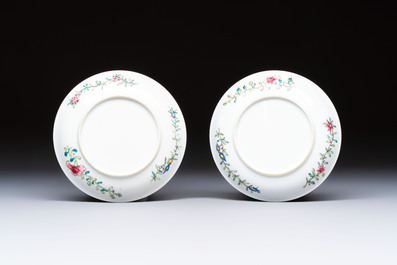 A pair of fine Chinese famille rose 'Rooster' cups and saucers, Yongzheng