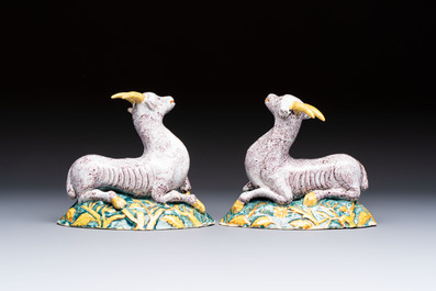 A pair of large polychrome Dutch Delft models of goats, 18th C.