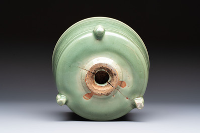 A large Chinese Longquan celadon tripod censer with floral design, Ming