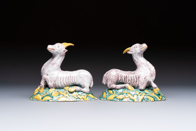 A pair of large polychrome Dutch Delft models of goats, 18th C.