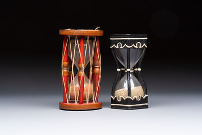 A wrought iron and a wooden hour glass, Germany and Italy, 19/20th C.