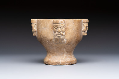 A rare Italian marble &lsquo;Poison Mortar&rsquo; with skulls and masks, 17th C.
