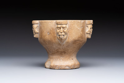 A rare Italian marble &lsquo;Poison Mortar&rsquo; with skulls and masks, 17th C.