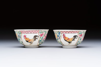 A pair of fine Chinese famille rose 'Rooster' cups and saucers, Yongzheng