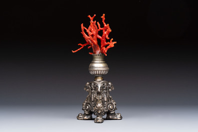 A &lsquo;Wunderkammer&rsquo; composition with red coral mounted on a silver-plated stand, Italy, 19th C.