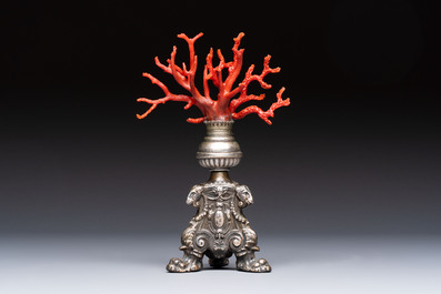 A &lsquo;Wunderkammer&rsquo; composition with red coral mounted on a silver-plated stand, Italy, 19th C.
