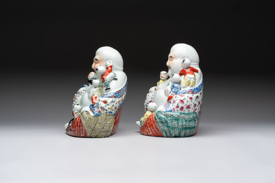 Two Chinese famille rose Milefo Buddhas and a famille rose black-ground covered vase, Zhu Mao Ji 朱茂記造 and Kangxi marks, 19/20th C.