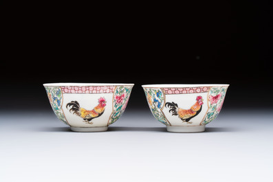 A pair of fine Chinese famille rose 'Rooster' cups and saucers, Yongzheng