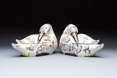 A pair of polychrome Italian faience goose-form tureens and covers, Bassano del Grappa, 19th C.
