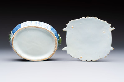 A blue and white Dutch Delft butter tub with green-glazed accents, 18th C.