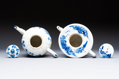 Two Chinese blue and white teapots and covers depicting goldfish and 'Wu Lao Guan Taiji 五老觀太極', Daoguang mark, 19th C.