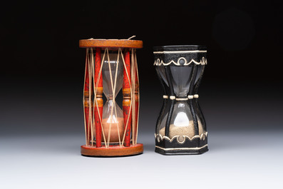 A wrought iron and a wooden hour glass, Germany and Italy, 19/20th C.
