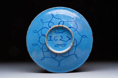 A fine and rare Italian maiolica 'Fortified Townscape' plate, Venice, dated 1627