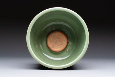 A large Chinese Longquan celadon tripod censer with floral design, Ming