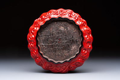 A fine Chinese red cinnabar lacquer flower-shaped 'Xi Wang Mu 西王母' dish, Ming
