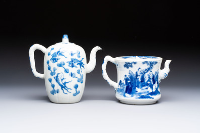 Two Chinese blue and white teapots and covers depicting goldfish and 'Wu Lao Guan Taiji 五老觀太極', Daoguang mark, 19th C.