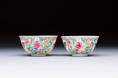A pair of fine Chinese famille rose 'Rooster' cups and saucers, Yongzheng