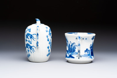 Two Chinese blue and white teapots and covers depicting goldfish and 'Wu Lao Guan Taiji 五老觀太極', Daoguang mark, 19th C.