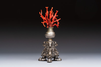 A &lsquo;Wunderkammer&rsquo; composition with red coral mounted on a silver-plated stand, Italy, 19th C.