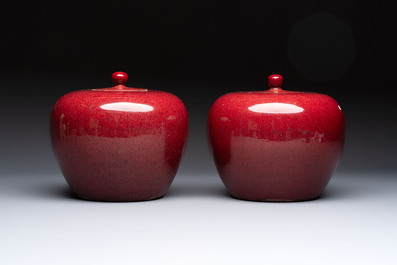 A pair of Chinese flamb&eacute;-glazed jars and covers, 19th C.
