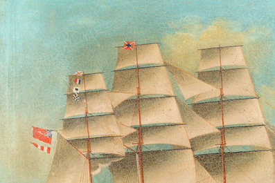 Canton school: 'A British Merchant Vessel at Sea', oil on canvas in original Chippendale-style frame, 1st half 19th C.