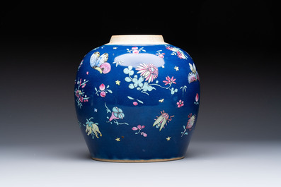 A pair of Chinese gilt-decorated powder-blue-ground covered jars and a famille rose powder-blue-ground jar, 18/19th C.