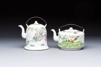 Two Chinese famille rose covered teapots and a qianjiang cai covered teapot, signed Wang Shaowei 王少維, 19th C.