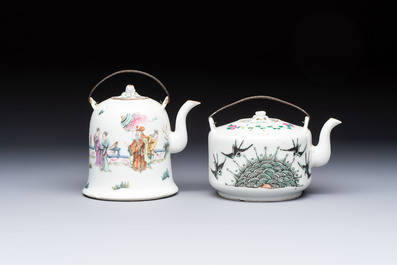 Two Chinese famille rose covered teapots and a qianjiang cai covered teapot, signed Wang Shaowei 王少維, 19th C.