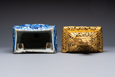 A large blue and white Dutch Delft 'Fountain of Youth' wall cistern with impressive reticulated gilt bronze cover, 18th C.